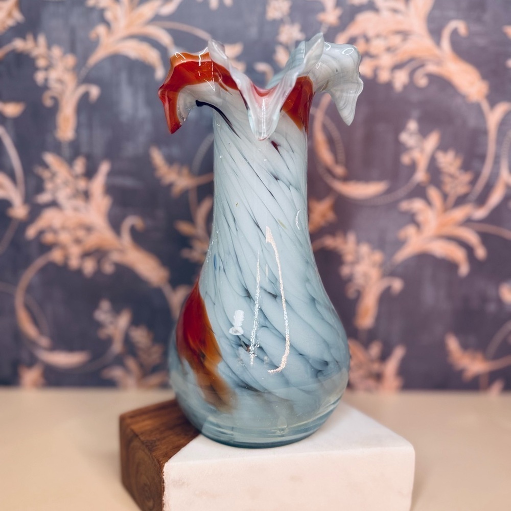 1960s End of Day Handblown Orange Blue Swirl Ruffled Glass Murano Vase
